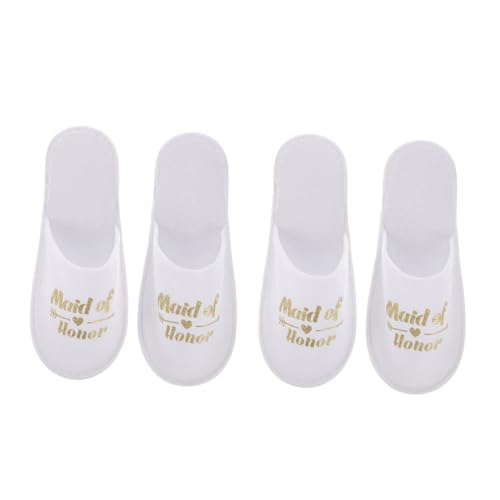 Veemoon 2 Paare Geschlossene Zehen Brautjungfern Einweg Hausschuhe aus Stoff Praktische Hochzeits Party Pantoffeln in Gold mit Hochzeitsparty Motiv Bequem und Leicht für Gäste und Pyjama von Veemoon
