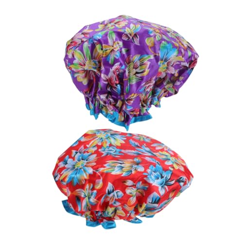 Veemoon 2 STÜCK Duschhaube Elastisch Doppelter Schutz Badekappe für Damen mit Blumenmuster Wiederverwendbare Haarhaube für Duschen Spa Make Up und Reisen Einheitsgröße von Veemoon