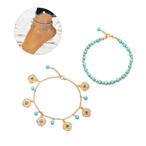 Veemoon Zweilagige Fußkettchen Legierung mit Synthetischen Verstellbar Vintage Stil für Frauen und Mädchen für Strand und Reisen von Veemoon