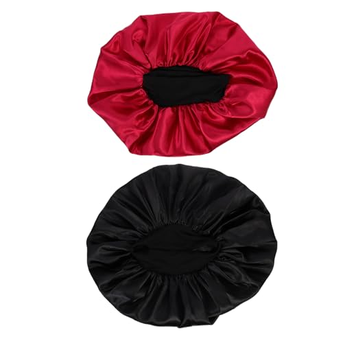Veemoon 2 Stück Damen Satin Haarhaube Rand Schlafmütze für Nachtpflege und Hausarbeit Elastisch für Lockiges Haar Weinrot und Schwarz von Veemoon