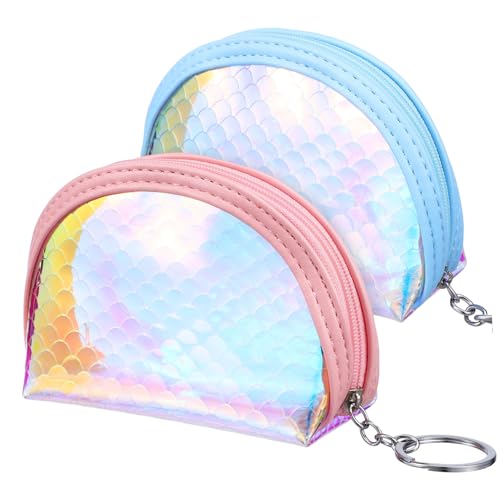 Veemoon 2 Stücke Kleiner Geldbörse Damen Meerjungfrau Glitter Geldbörse Kleine Clutch für Münzen Kosmetik Reißverschluss Tasche mit Schlüsselring Süße Damen für Alltag Party von Veemoon