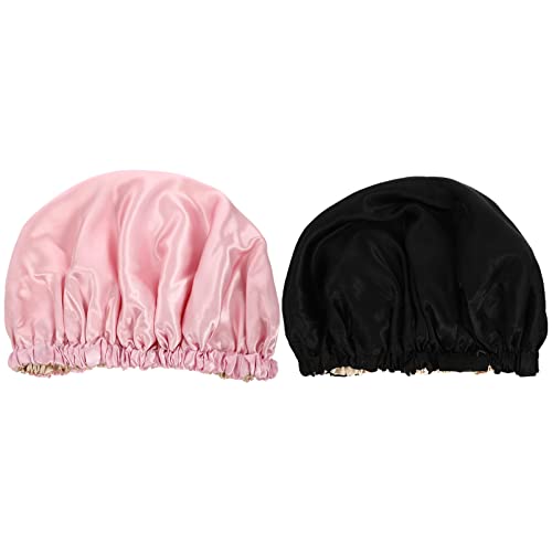 Veemoon 2 Stück Satin Schlafhaube Atmungsaktive Damen Haube mit Verstellbarem Design für Langen Lockigen Haar zum Schlafen und Schutz Frisur Schwarz und Rosa von Veemoon