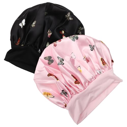 Veemoon 2 Stück Satin Schlafhaube für Damen Krempe Haarschutz Mütze für Nacht Make Up Spa Farben Butterfly für Haartypen von Veemoon