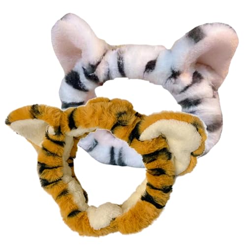 Veemoon 2 Stück Tiger Plüsch Haarschmuck Breites Elastisches Stirnband für Makeup und Gesichtspflege Weich und Bequem für Damen für Spa Waschen Makeup von Veemoon