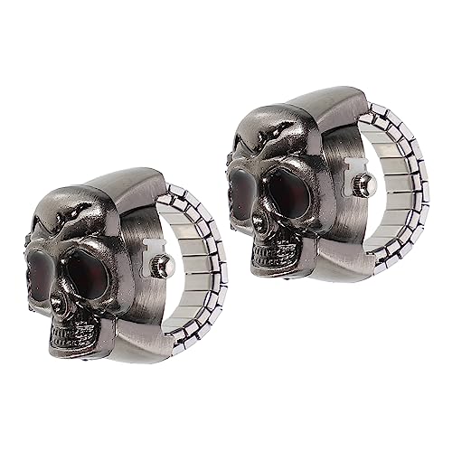 Veemoon 2stücke Totenkopf-fingeruhr Mit Flip-open Cover Retro-fingeruhr Für Männer Und Frauen Aus Hochwertigem Material Lesbare Zeitanzeige Elastisches Band Für Fingergrößen von Veemoon