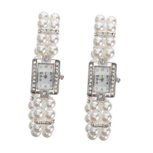 Veemoon 2Stücke Frauen Armbanduhr mit Imitationsperlenarmband Quarzuhr für Damen Vintage Design mit Funkelnden Strasssteinen Perfektes für Frauen Teiliges von Veemoon