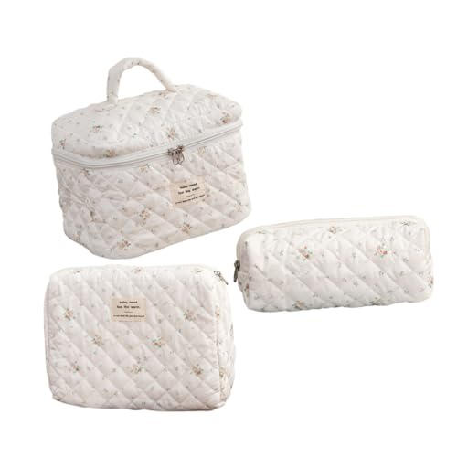 Veemoon 3 Stück Gepolsterte Baumwoll Kosmetiktasche Set mit Floralem Muster Reise Toiletry Organizer Set in Großen Mittleren und Stiftgrößen Praktische Kulturtasche für Damen und Mädchen von Veemoon