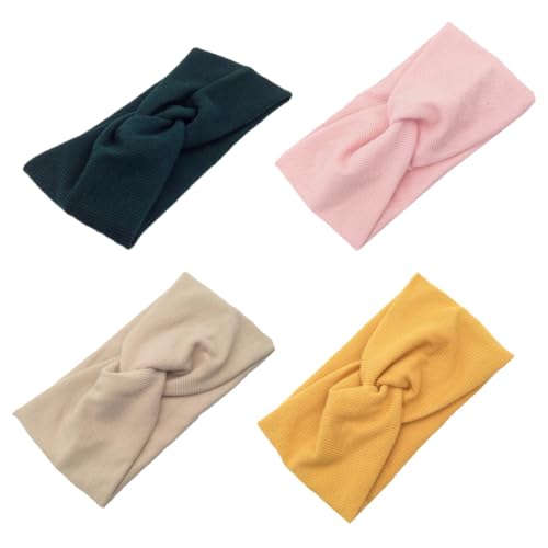 Veemoon 4 STÜCKE Teiliges Baumwoll Stirnband mit Elastischem Kreuzknoten Weiche Rutschfeste Haarschleife für Damen Vielseitig Einsetzbar für Yoga Sport und Alltag Schwarzgrün Senf Beige von Veemoon