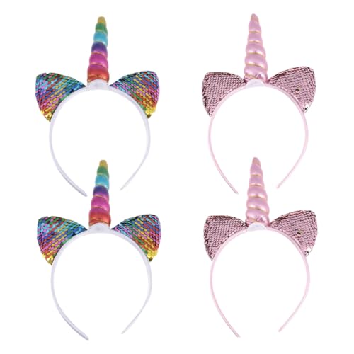 Veemoon 4 Stück Einhorn Haarreif Teiliges Glitzerndes Stirnband mit Katzenohren Party Haarschmuck für Mädchen Festival Kostüm Zubehör von Veemoon