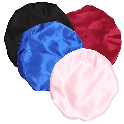 Veemoon 4 Stück Satin Schlafhaube für Damen Elastische Haube in Schwarz Blau und Rosa Haarschutz Beim Schlafen Gesichtswäsche und Makeup Langlebig und Wiederverwendbar von Veemoon