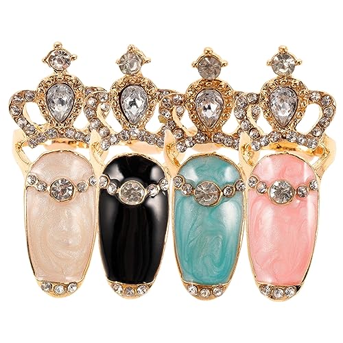Veemoon 4 Stück Strass Nagel Ringe Krone Fingernagel Ringe Frauen Nail Art Charm für Partys Bankette und Zeremonien von Veemoon