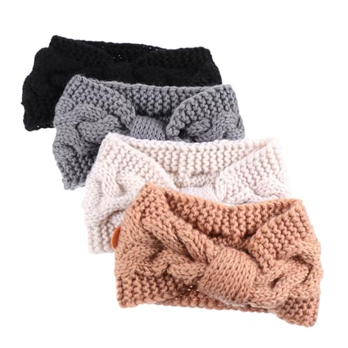 Veemoon 4 Stück Teiliges Gestricktes Stirnband mit Knopf Elastisch Wärmt Ohren Maskendruck Weiches Wollmaterial Modischer Winter Bowknot Kopfschmuck für Damen Passend zu Kaltem Wetter von Veemoon