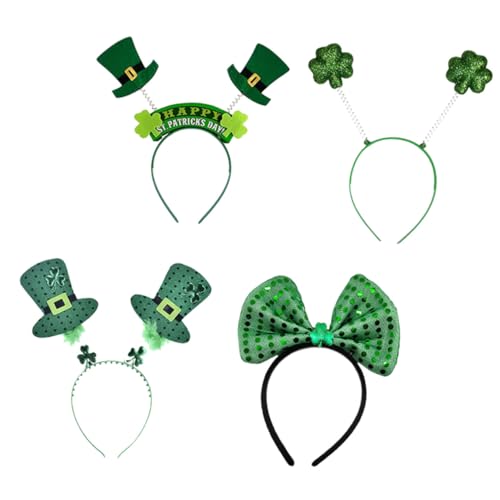 Veemoon 4 Stück Teiliges Saint Patrick's Day Haarreif Set mit Kleeblatt Glitzerhut Schleife und Schaumstoff Kleeblatt Grün Karneval Kostüm Accessoire für Party und Festtagsstimmung von Veemoon