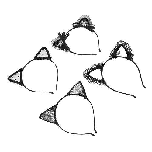 Veemoon 4 Stück Teiliges Schwarze Spitzen Haarbänder mit Katzenohren Leichtes Bequemes Haarschmuck Accessoire für Damen und Mädchen Elastisch Druckfrei für Party und Alltag von Veemoon