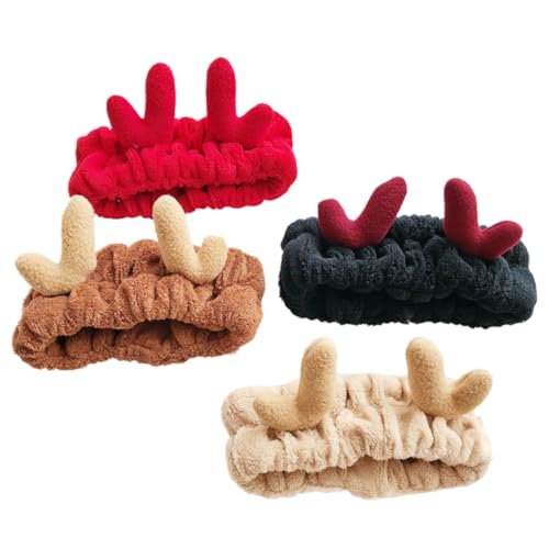 Veemoon 4 Stück Teiliges Weiches Waschbares Weihnachts Haarband mit Geweih Elastisches Damen Make Up Stirnband für Gesichtspflege Spa Sport und Tägliche Anwendung von Veemoon
