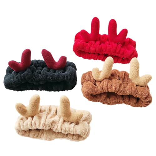 Veemoon 4 Stück Teiliges Weihnachts Haarband mit Elastischem Weichem Fleece Niedliche Geweih Form Waschbar und Dehnbar Modisches Stirnband für Damen und Mädchen für Make Up und Duschen von Veemoon