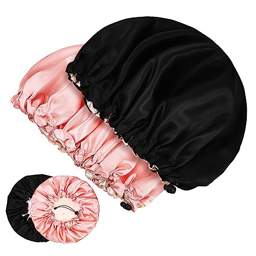 Veemoon 4 Stück Verstellbare Satin Schlafhauben für Damen Haarschutz Mütze für Schlafen Duschen und Skincare Leicht und Tragbar in Schwarz von Veemoon