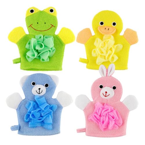 Veemoon 4Stücke Teiliges Cartoon Badetuch für Komfortable Badhandschuhe mit Lustigen Motiven Gelbe Ente Grüne Frosch Hase Blauer Bär Langlebig Hygienisch von Veemoon