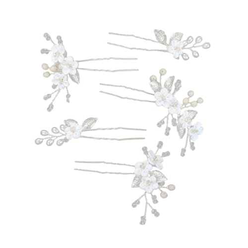 Veemoon 5 Stück Teiliges Braut Haarnadeln mit Weißen Keramikblumen und Silbernen Metallblättern U Förmige Haarforken mit Strass Haarspangen für Brautjungfern und Damen Hochzeitsfrisuren von Veemoon
