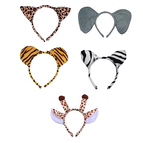 Veemoon 5 Stück Teiliges Tiermotiv Haarband Plüsch Tierkopfbedeckung für Erwachsene Dschungel Tiere Karneval Kostüm Zubehör Giraffe Zebra Tiger Leopardenmuster von Veemoon