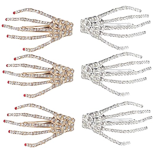 Veemoon 6 Stück Teiliges Halloween Haarklammern Gruselige Skelett Hand Haarspangen mit Strasssteinen für Mädchen Party Cosplay Styling Zubehör in Goldrot und Silber von Veemoon