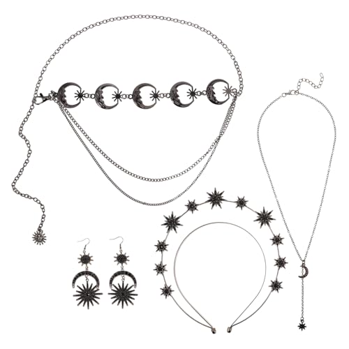 Veemoon Barock Gothic Schmuckset Teilig Stern Mond Haarschmuck Halskette Ohrringe Taillenkette Retro Stil Hochzeit Party von Veemoon