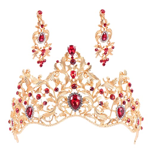 Veemoon Barock Hochzeitskrone mit Roten Strasssteinen Teiliges Set aus Tiara und Ohrclips Leichtes Langlebiges Brautschmuck Accessoire für Hochzeit Party und Alltag von Veemoon