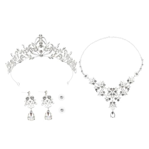 Veemoon Braut Crown Schmuckset Teilig mit Strass Perlenbesetzte Krone Halskette und Ohrstecker Leichter Langlebiger Legierungsschmuck für Hochzeit Verlobung Party Damen und Mädchen von Veemoon