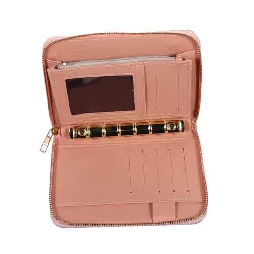 Veemoon Budgetordner mit Reißverschluss PU Geld Organizer Kartenhalter für Gutscheinkarten 6-Ring Budgetplaner Tragbarer Organizer für Frauen Rosa Geldbörse mit Viel Stauraum von Veemoon