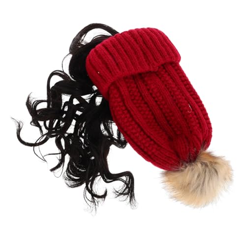 Veemoon Damen Strickmütze mit Langer Lockiger Haarverlängerung Hautfreundlich Weiches Material Winterliche Mütze für Weihnachts und Neujahrsfeiern Modischer Beanie mit Integriertem Haar von Veemoon