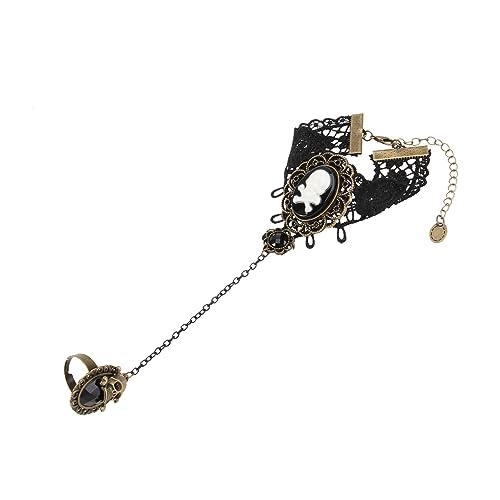 Veemoon Elegantes Schwarzes Spitzenarmband Mit Ring Für Frauen Retro Totenkopf-handschmuck Für Halloween Perfektes Armband-set Für Besondere Anlässe Und Geschenkideen von Veemoon