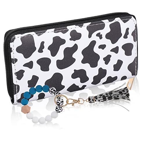 Veemoon Kuhmuster Geldbörse Mit Reißverschluss Und Schlüsselring Lange Praktische Geldbörse Für Damen Mit Bead-tassel-handgelenk Schlüsselanhänger Für Alltag Und Shopping von Veemoon