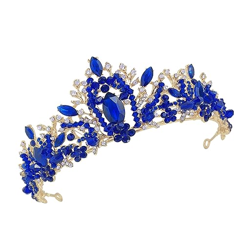 Veemoon Goldene Brautkrone Handgefertigt Eleganter Haarschmuck für Hochzeit Braut Tiara mit Blauem Strass Brautschmuck Accessoire von Veemoon