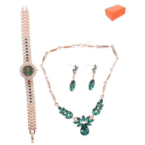 Veemoon Grüne Halskette Und Ohrringe Zierliche Damen-Uhren Brautjungfern-schmuckset Mit Kristallen Schmuckset Für Hochzeit Und Besondere Anlässe von Veemoon