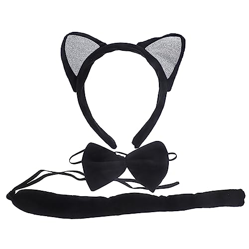 Veemoon Katzenohren Haarreif Set mit Fliege und Leichtes Bequemes Cosplay Zubehör für Damen Party und Fotorequisiten Weicher Schwarzer Plüsch mit Silbernem Glitzer Tierisches Kostüm von Veemoon