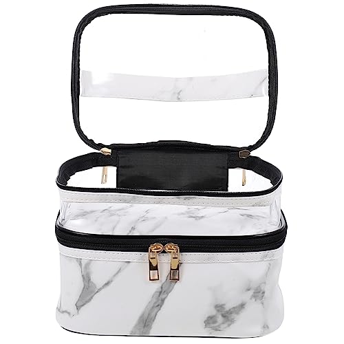 Veemoon Kosmetiktasche Marmor PVC Transparent Doppellagig Tragbar mit Griff Reise Make Up Tasche für Hautpflege Organizer Damen Alltag und Reisen von Veemoon