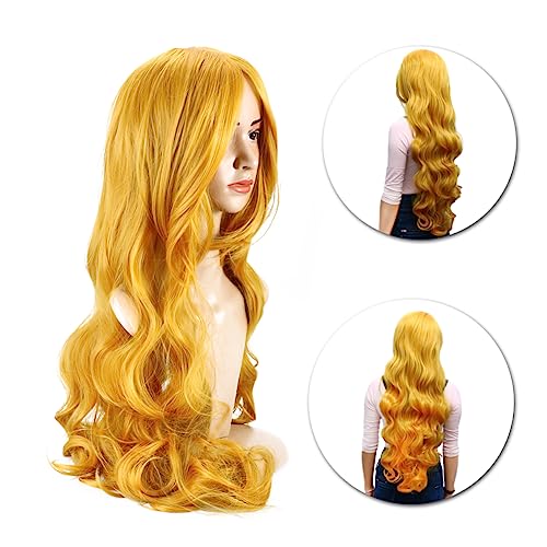 Veemoon Lange Locken Perücke Gelb Cosplay Perücke mit für Damen Synthetische für Kostümpartys und Alltagsgebrauch Hochwertiges Material Verstellbar von Veemoon