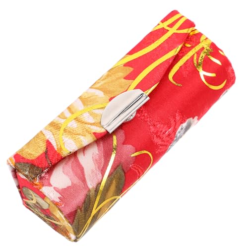 Veemoon Seiden-lippenstifthalter Mit Spiegel Für Damen Make-up-Organizer Mit Besticktem Blumenmuster Tragbare Kosmetiktasche Vintage-lippenstiftetui Rot von Veemoon