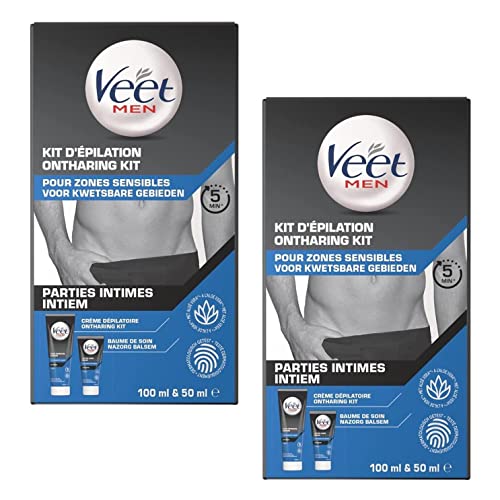VEET FOR MEN Haarentfernungs-Set, Intimzonen, 2 Enthaarungscremes 100 ml und 2 Pflegebalsame, 50 ml, für empfindliche Haut von Veet