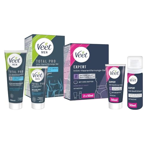 Veet Expert/Men Intim-Haarentferungs-Set für Sie und Ihn - Enthaarungscreme für den Intimbereich - inkl. Multi-Benefit-Schaum - 2 x 50 ml & für Männer 100 ml Tube & 50 ml Pflegebalsam von Veet