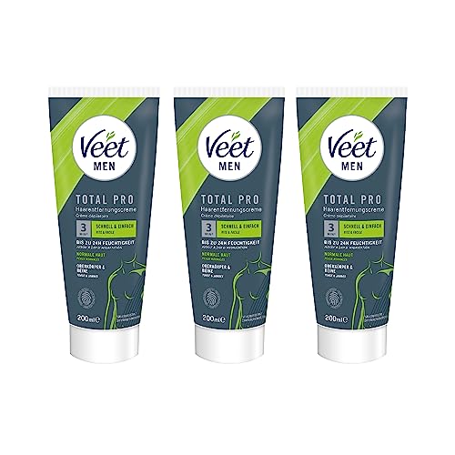 Veet Men Haarentfernungscreme für Oberkörper & Beine - Enthaarungscreme für Männer, Haarentfernung in 5-10 Minuten - 3 x 200 ml Tube & Spatel von Veet