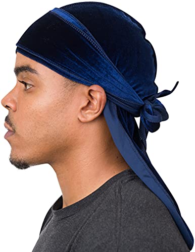 Veeta Superior Velvet Durag – Weiche Samt-Durags für Männer und Frauen, lange, doppelt breite Träger, seidiges Durag-Futter, dreifach genäht, Marineblau, Einheitsgröße von Veeta