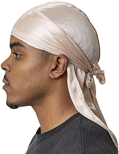 Veeta Superior Silk Durag – Glatte Seide Durag für Damen und Herren, lange doppelt breite Träger, Außennaht, Dreifachstich-Du Rag, Champagner gekühlt, Einheitsgröße von Veeta