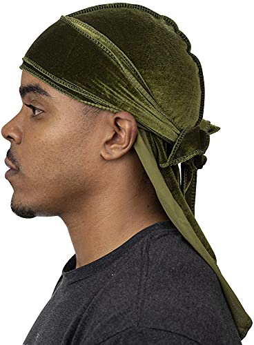 Veeta Superior Velvet Durag – Weiche Samt-Durags für Männer und Frauen, lange, doppelt breite Träger, seidiges Durag-Futter, dreifach genäht, Olivgrün, Einheitsgröße von Veeta