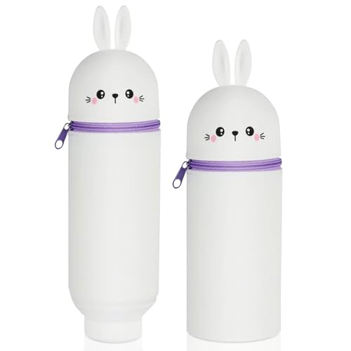 Veftsvy 2-in-1 Silikon Federmäppchen, Kawaii Federmäppchen, Federmäppchen aus Weichem Silikon mit Teißverschluss, Cartoon Federmappe und Stiftehalter für Jungen und Mädchen (Kaninchen) von Veftsvy