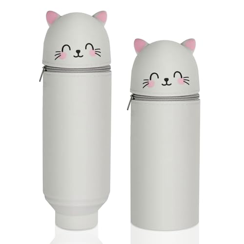 Veftsvy Federmäppchen, 2-in-1 Silikon Federmäppchen, Federmäppchen aus Weichem Silikon mit Teißverschluss, Cartoon Federmappe und Stiftehalter für Jungen und Mädchen (Graue Katze) von Veftsvy