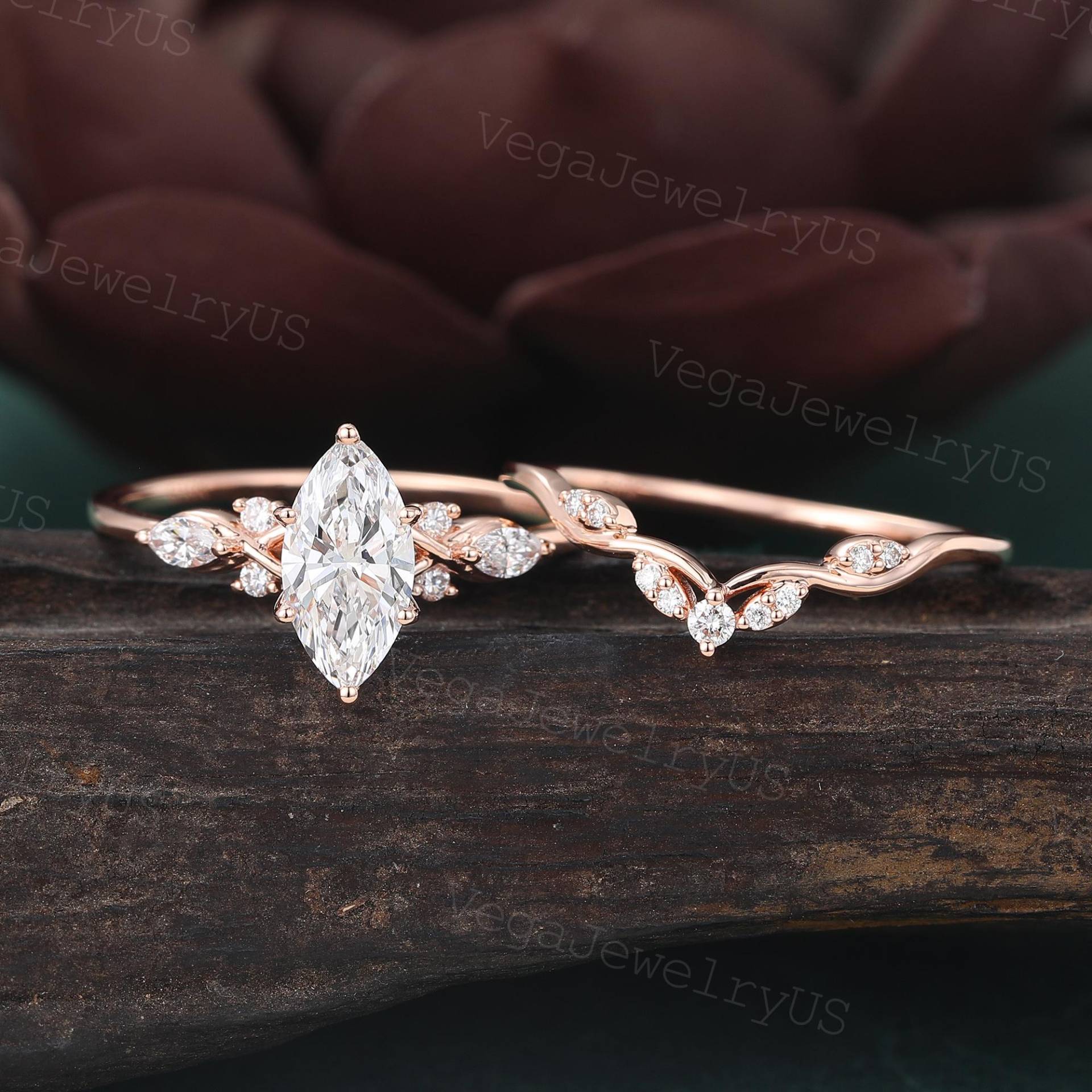 1Ct Marquise Cut Lab Diamant Verlobungsring Set Vintage Rose Gold Dainty Brautring Versprechen Jubiläumsring Für Frauen von VegaJewelryUS