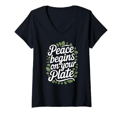 Damen Lustiges pflanzliches Lifestyle-Design Peace On Your Plate T-Shirt mit V-Ausschnitt Damen Lustiges pflanzliches Lifestyle-Design Peace On Your Plate T-Shirt mit V-Ausschnitt von Vegan Cruelty Free Living Designs
