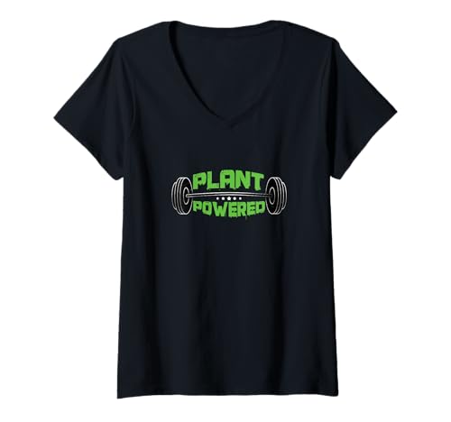 Damen Vegan Pflanzen Powered Gewichtheber Bodybuilder Workout Gym T-Shirt mit V-Ausschnitt von Vegan Gym Fitness Enthusiast Bodybuilder Geschenke