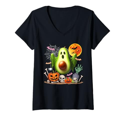 Damen Avocado As Horror Boo Ghost Halloween Vegan Cosplay Fruit T-Shirt mit V-Ausschnitt von Vegan Halloween Costume